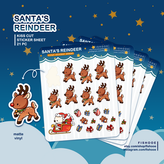 Santa's Reindeer Kiss Cut Vinyl Sticker Sheet