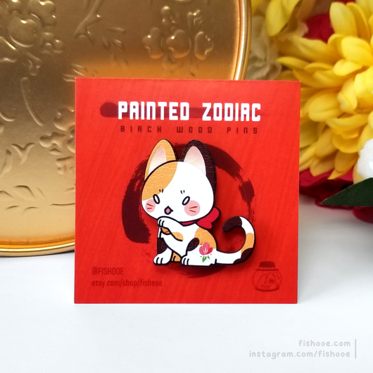 Painted Zodiac Cat Wood Pins